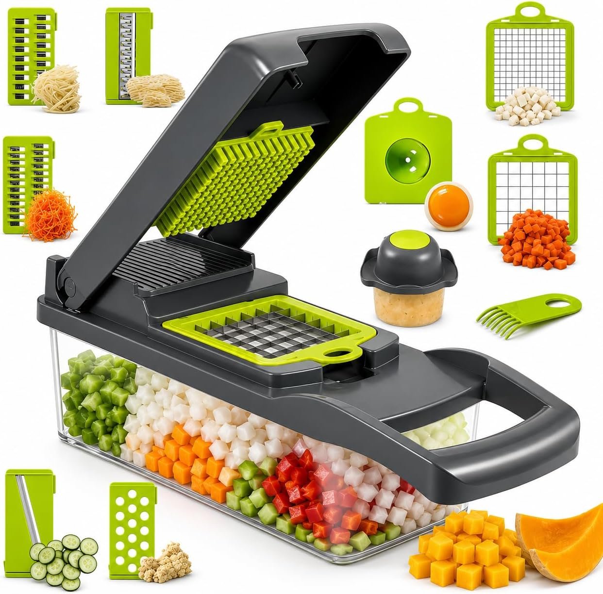 14-in-1 Vegetable Chopper with Container – Veggie Chopper Vegetable Cutter, Onion Dicer, Food Chopper with 8 Blades, Potato Slicer for Salad, Carrot – BPA Free Kitchen Gadget, Dishwasher Safe