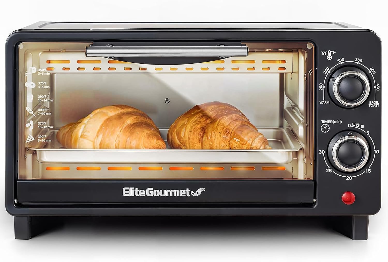 Elite Gourmet ETO490 9L/4-Slice Oven, 30-Min Timer, Adj. Temp, Black | Includes Baking Pan & Wire Rack – Bake, Broil & Toast functions for dorms and RVs – Countertop Design