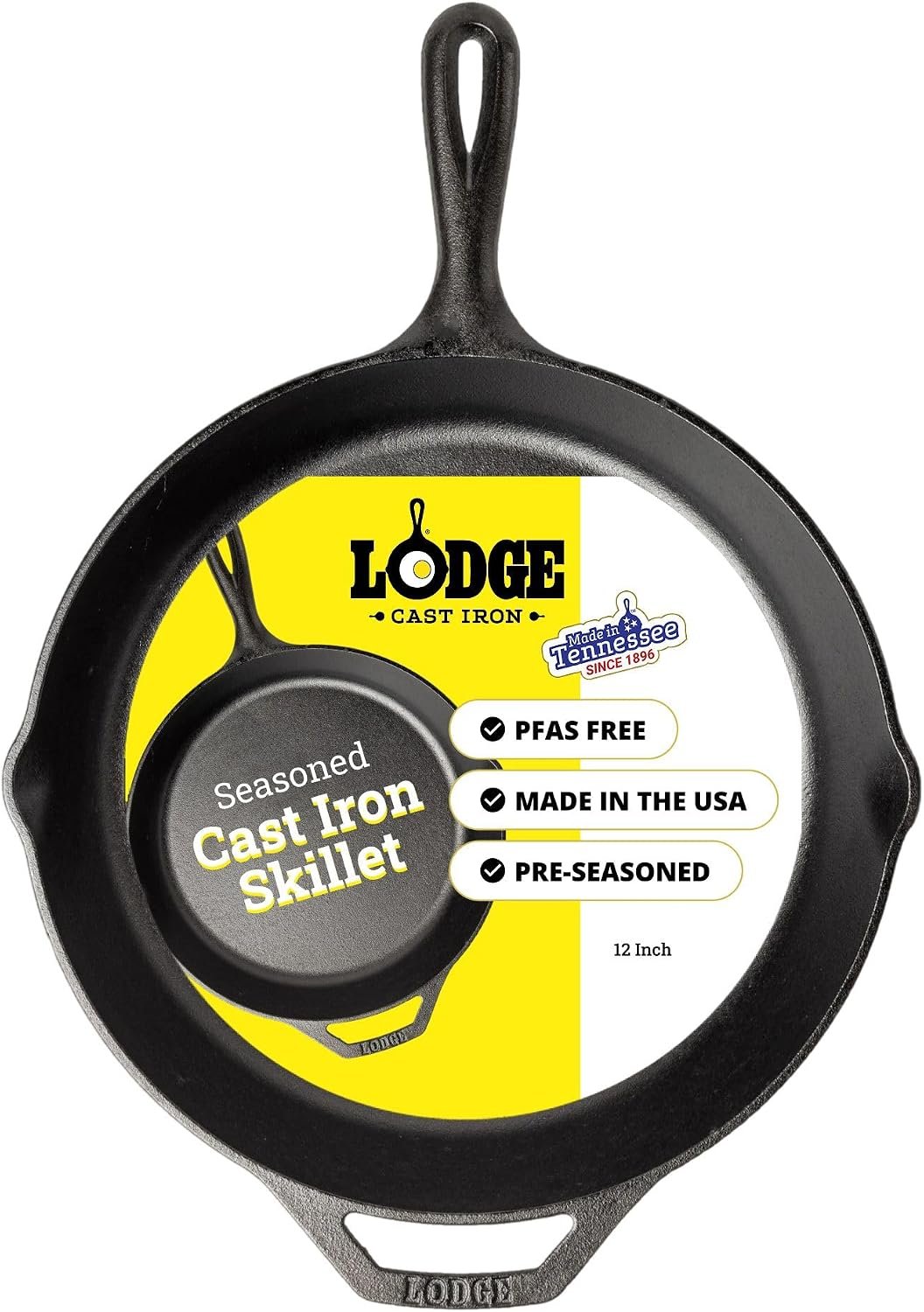 Lodge Seasoned Cast Iron Skillet 12 Inches – PFAS-Free, Non-Toxic Cookware – Use with an Oven, Stove, Grill, or Campfire – Naturally Non-Stick & Oven Safe