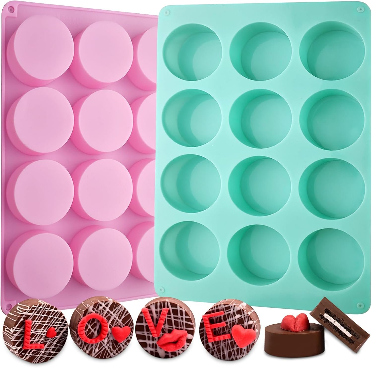 Chocolate Cover Cookie Silicone Molds, New Size 12-Cavity Round Silicone Molds for Chocolate Cover, Cylinder Baking Mold for Candy Mini Cakes Jelly Baking（2 Pack）