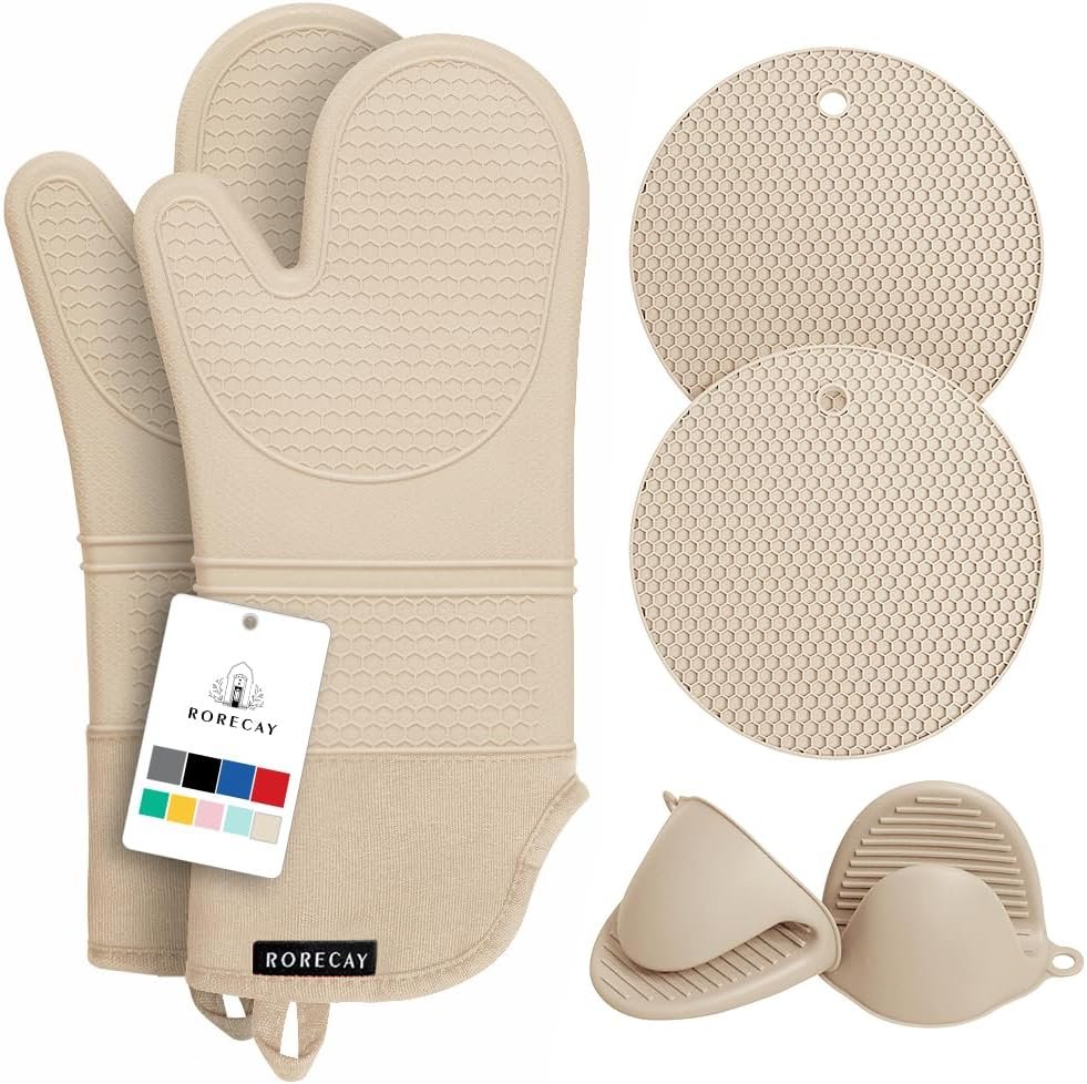 RORECAY Silicone Oven Mitts and Pot Holders Sets, Gloves for Kitchen, Beige | Set of 6 Kitchen Mitts for Baking & Cooking, Heat Resistant 500 ℉, 15″ Extra Long, Non-Slip & Waterproof, Quilted Cotton
