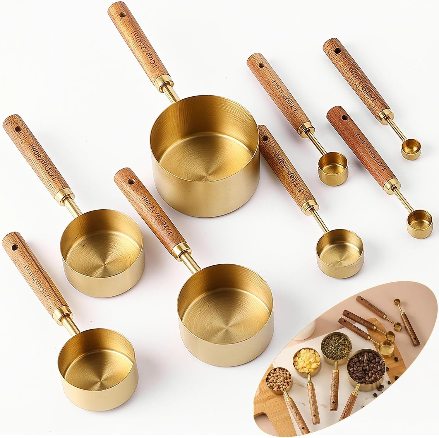 8Pcs Measuring Cups and Spoons Set – Golden Stainless Steel Measuring Cups with Wooden Handle, Metal Measuring Spoons Set Nesting Kitchen Measure Set for Kitchen/Food/Baking (8Pcs Wooden Handle)
