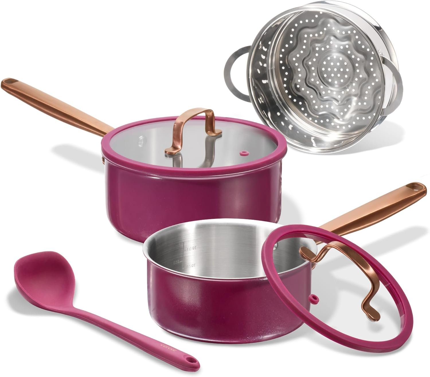 CAROTE 1.5Qt & 3.0Qt Stainless Steel Saucepan Set with Steamer & Ladle, Non-Toxic 3-Ply Stainless Steel Pot with Lids, Small Pots for Cooking, Oven Safe, Induction Compatible Cookware, Purple