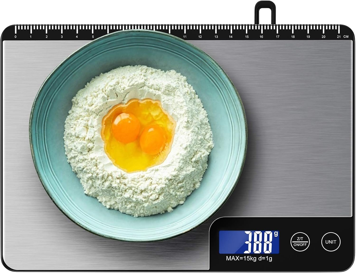 Diyife 33lb Digital Kitchen Scale with Large Weighing Area (9 in) | Professional Food Scale, Stainless Steel Household Scale, Touch Control, LCD Display, Hangable, 6 Units, Tare, with Batteries