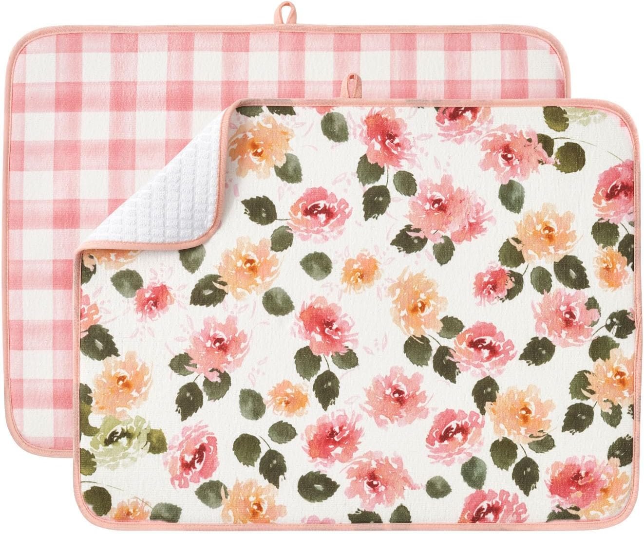 FRESHMINT Dish Drying Mats 2 Pack, 18″x24″, Cottage Floral | Quick Dry, Ultra Absorbent, Microfiber, Washable & Reusable, Countertop Protector, Extra Large, Sink Mats