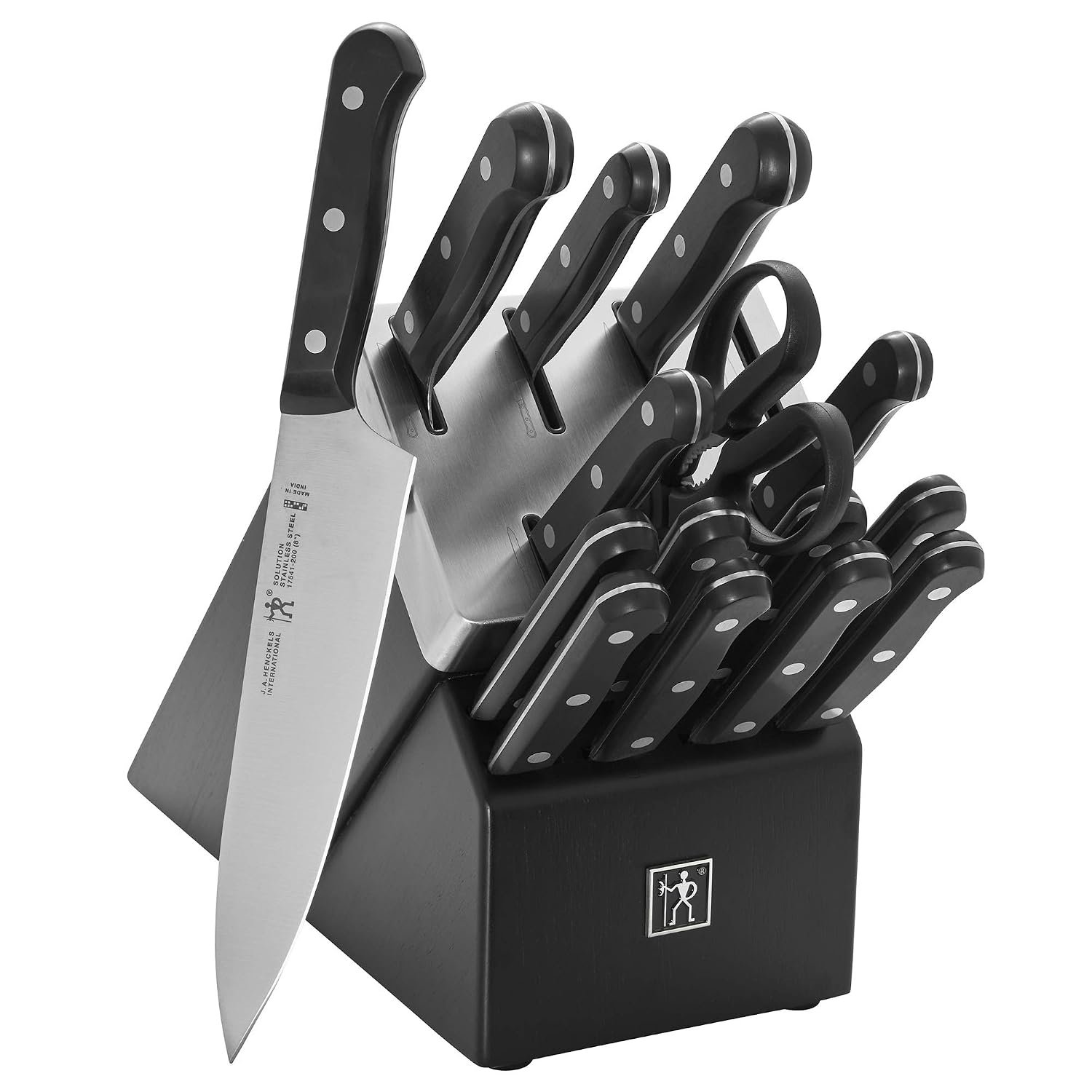 Henckels Solution Self Sharpening 16-Pc Knife Set German Engineered, Black | Automatically Sharpens Knives When Stored in The Knife Block. Dishwasher Safe, Comfortable Handle, Effortless Cutting.