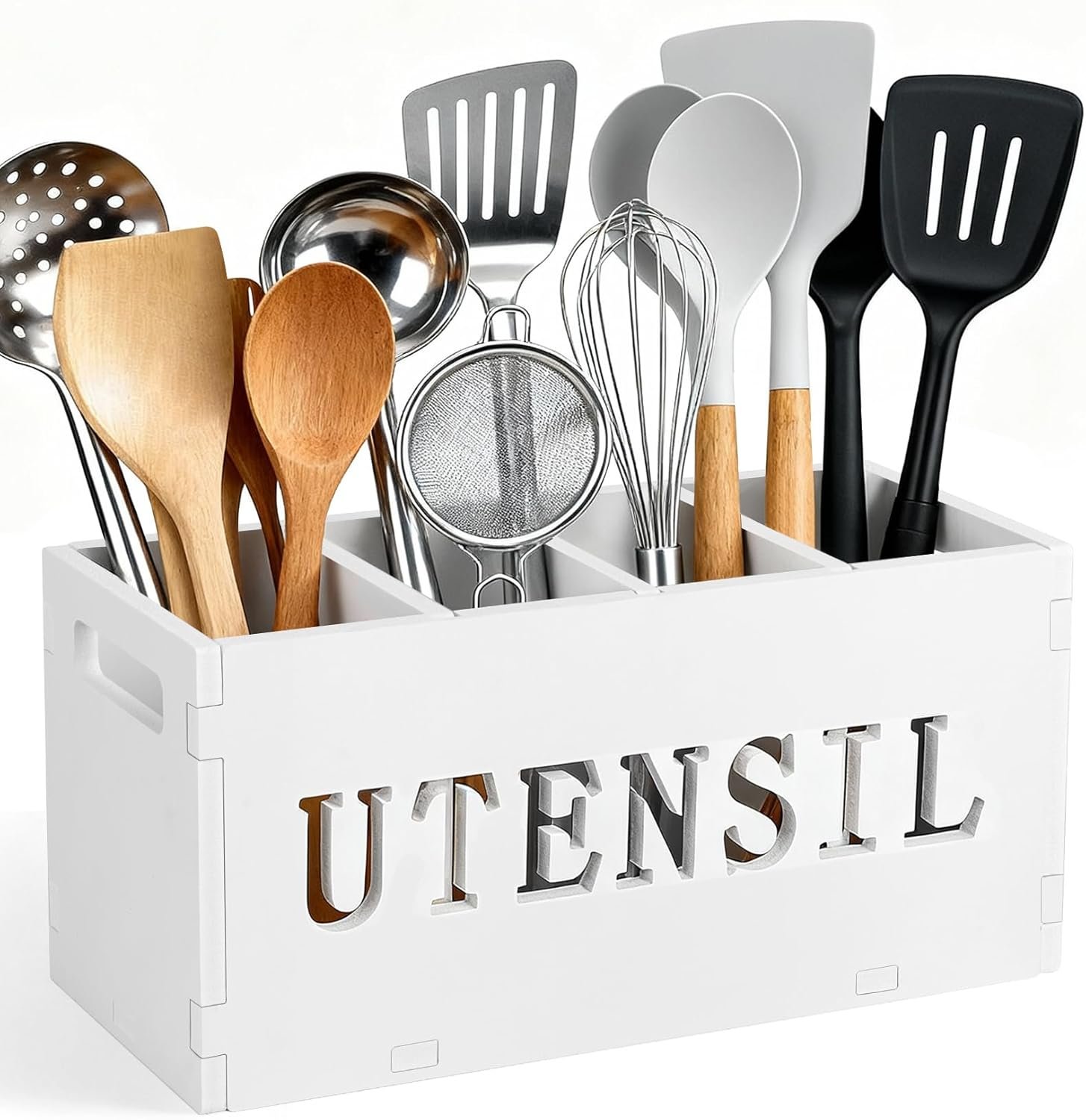 Kitchen Utensils Holder, Cooking Utensil Organizer with 4 Compartment,Waterproof Large Capacity Flatware Organizer, Storage Box for Caddy Cooking Tool, Cooking Utensil Organizer for Countertop, White.