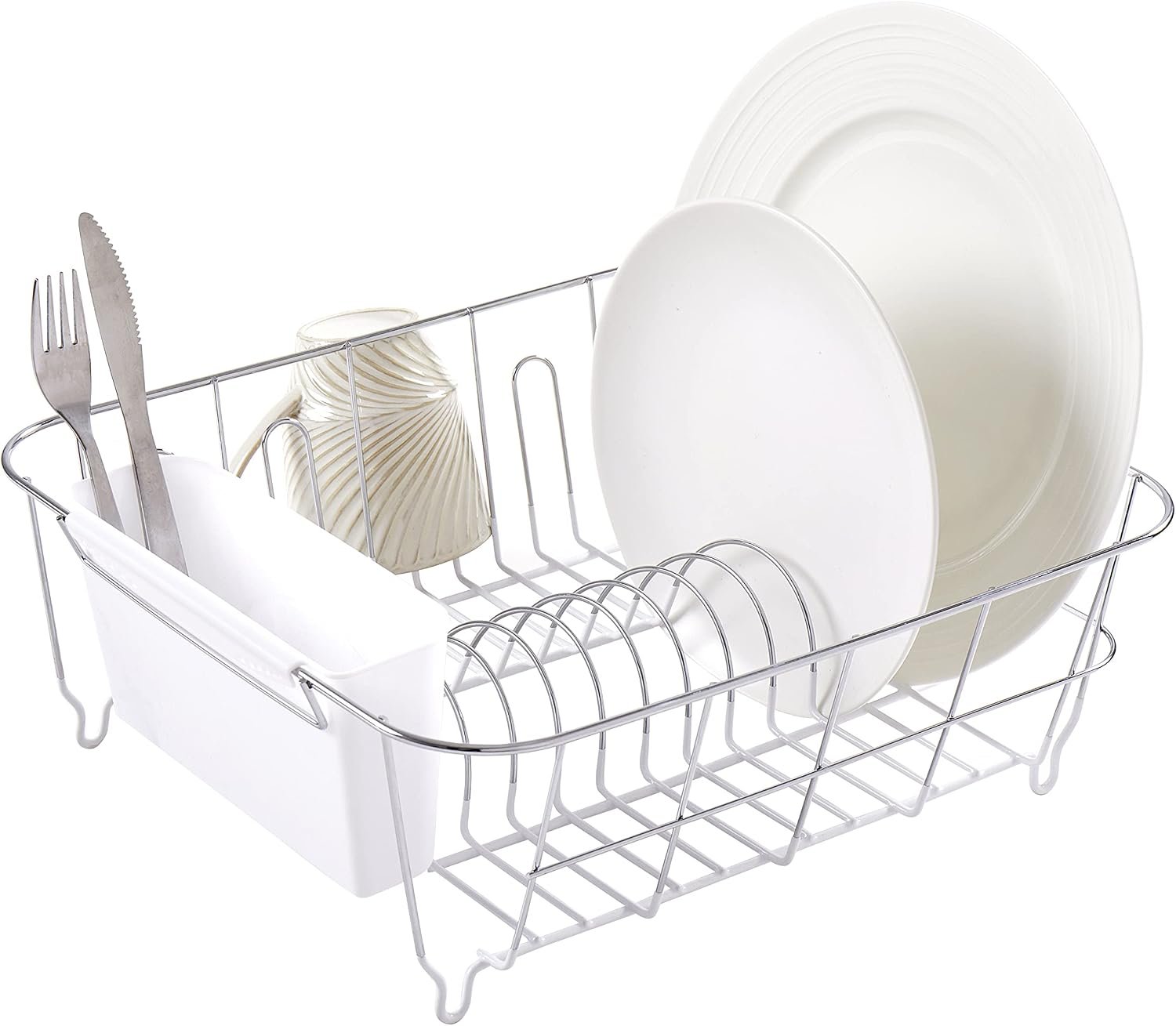 Sweet Home Collection Metal 2 Piece Dish Drying Rack Set Drainer with Utensil Holder Simple Easy to Use Fits in Most Sinks, 14.5″ x 13″ x 5.25″, White
