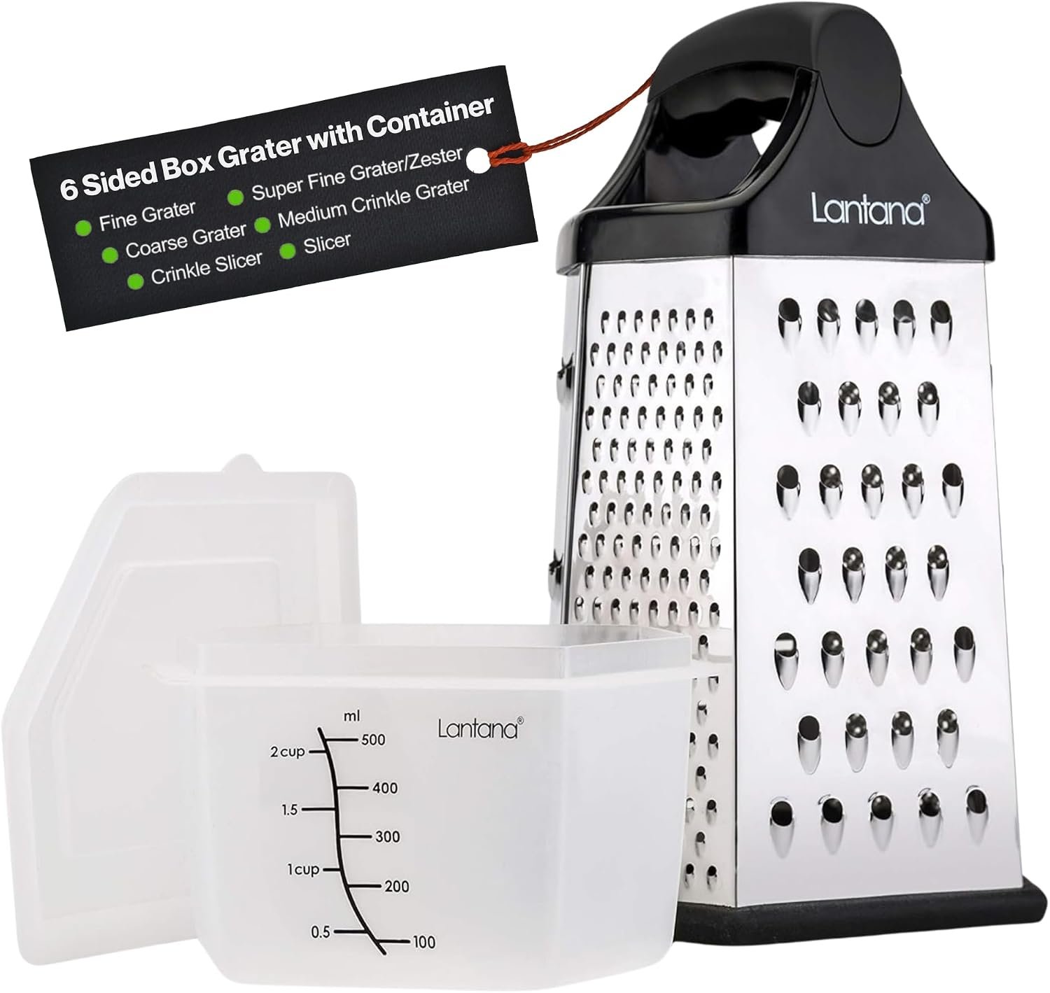 Cheese Grater with Container, Handheld Shredder, Zester (6 in 1) | 6 grating functions, coarse, medium, fine, micro, slicer blades, non-slip base, fitted measuring container with lid