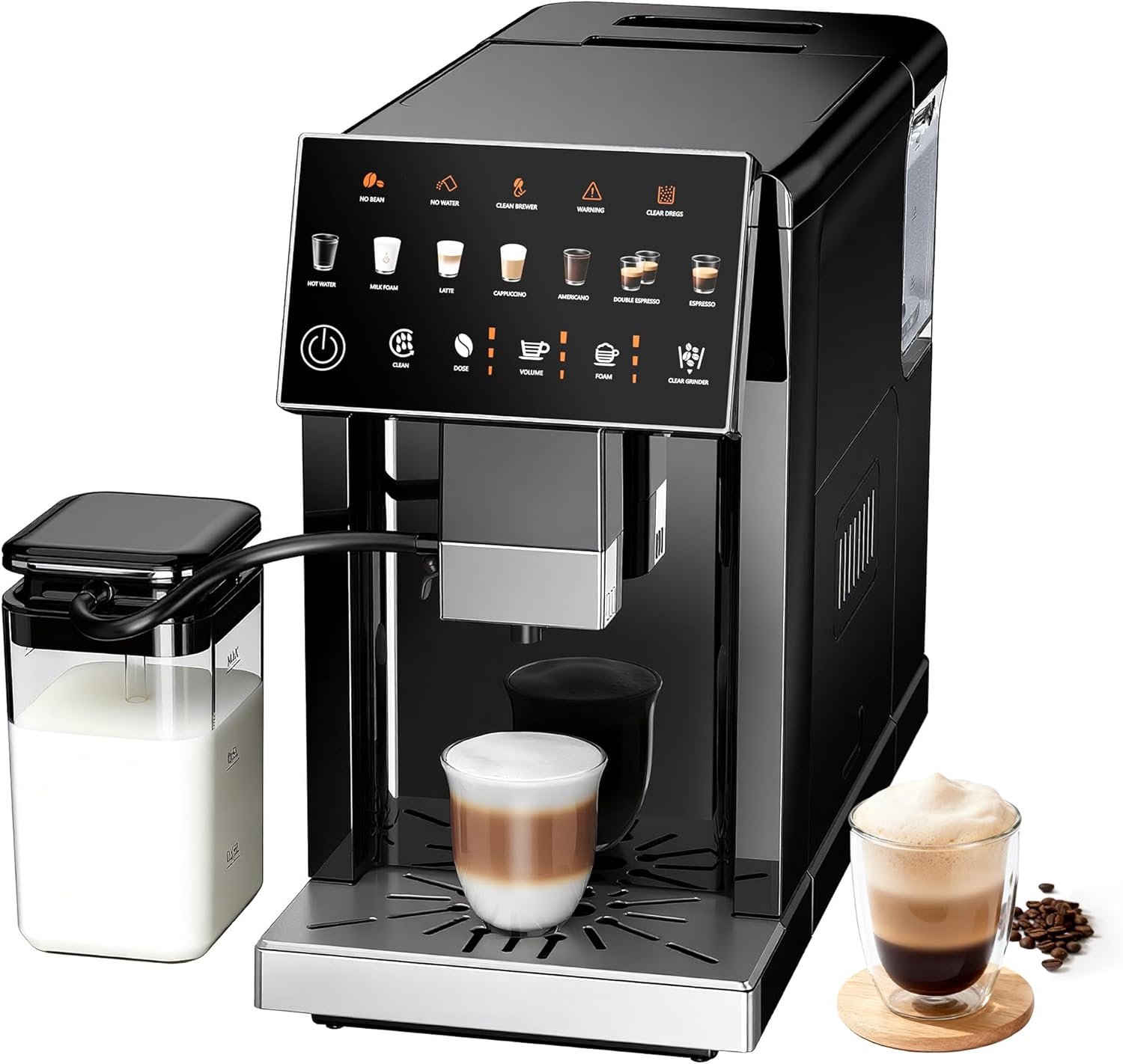 Fully Automatic Espresso Machine with Grinder & Milk Frother | 20 Bar Pressure, 15 Grind Settings, Touch Screen Control and Self-Cleaning Function for Espresso, Latte and Cappuccino