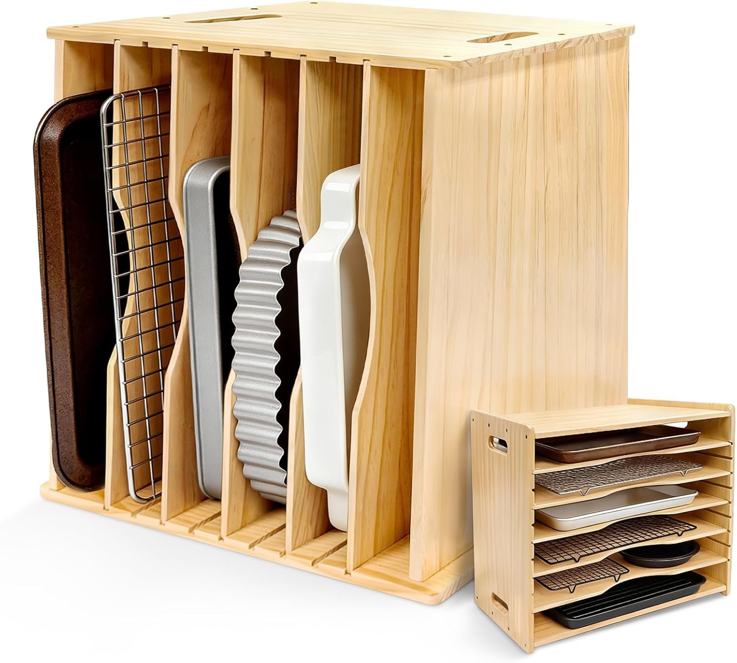 6 Tier Wooden Tray Dividers for Cabinets, Cookie Sheet Organizer 15.7″ W x 16.5″ H x 12.6″ D Baking Sheets, Pans and Cutting Boards Organizer for Kitchen Cabinets or Countertop
