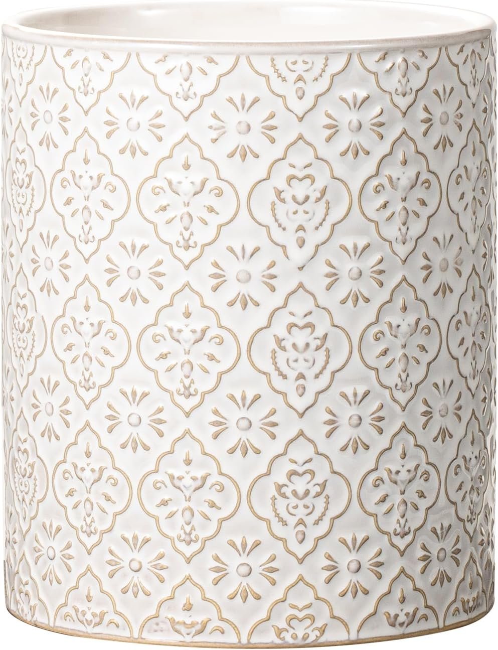 Kitchen Utensil Holder, 6×7 inch Large Ceramic Utensil Holder with Embossed Pattern, Cooking Utensil Crocks for Kitchen Countertop, Home Decor, Off-White