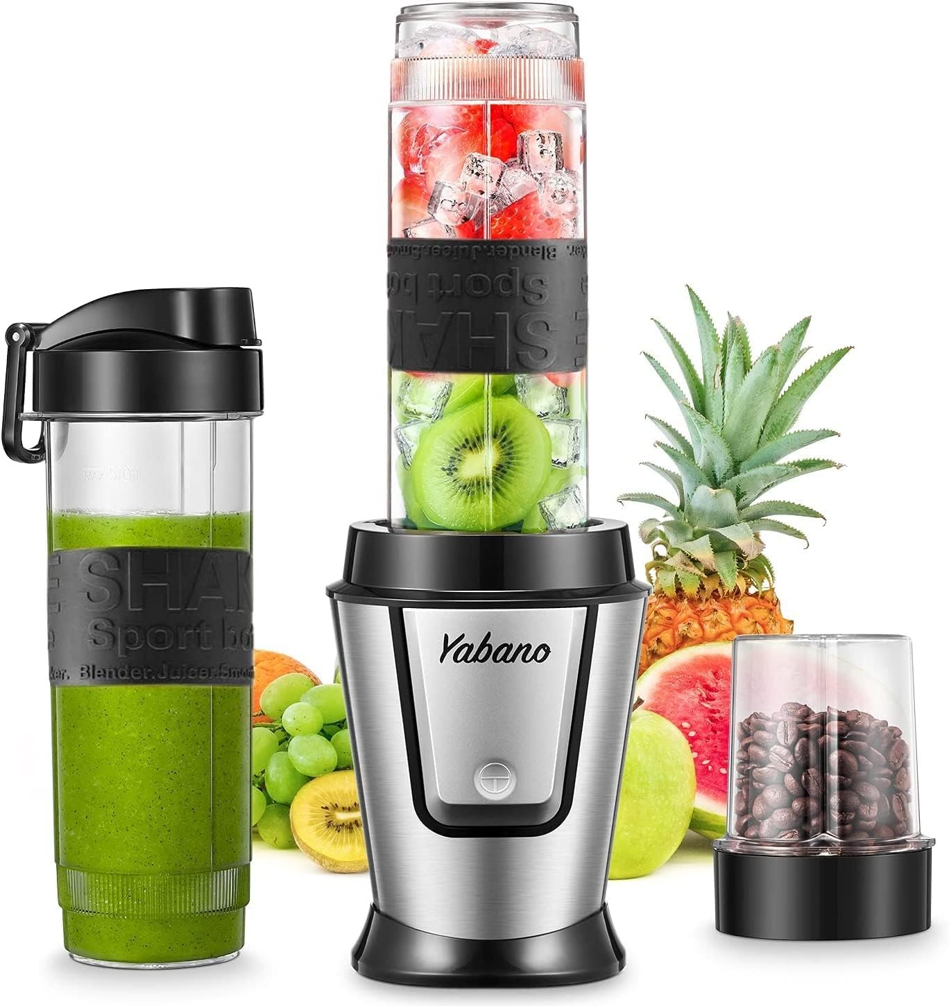 Personal Blender 500W Single Serve Blender with 20oz Travel Bottles | 2 Travel Bottles, Coffee And Spice Jar, Portable Shaker Cups, For Protein Shakes, Smoothies, Sports Drinks, Black