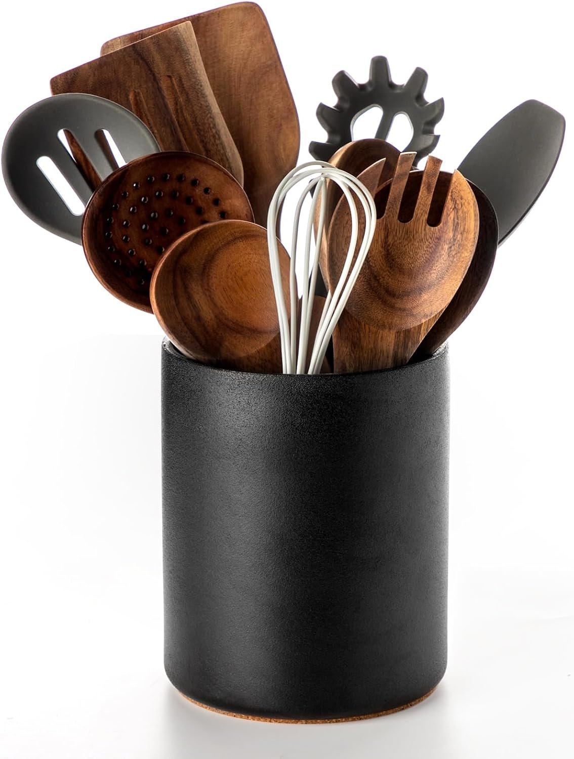 Nucookery Ceramic Kitchen Utensil Holder for Countertop, 6.4″ Stone Black | cooking utensil crock for counter organizer, sturdy non-slip base, easy clean,vintage farmhouse kitchen decor,Christmas Gift