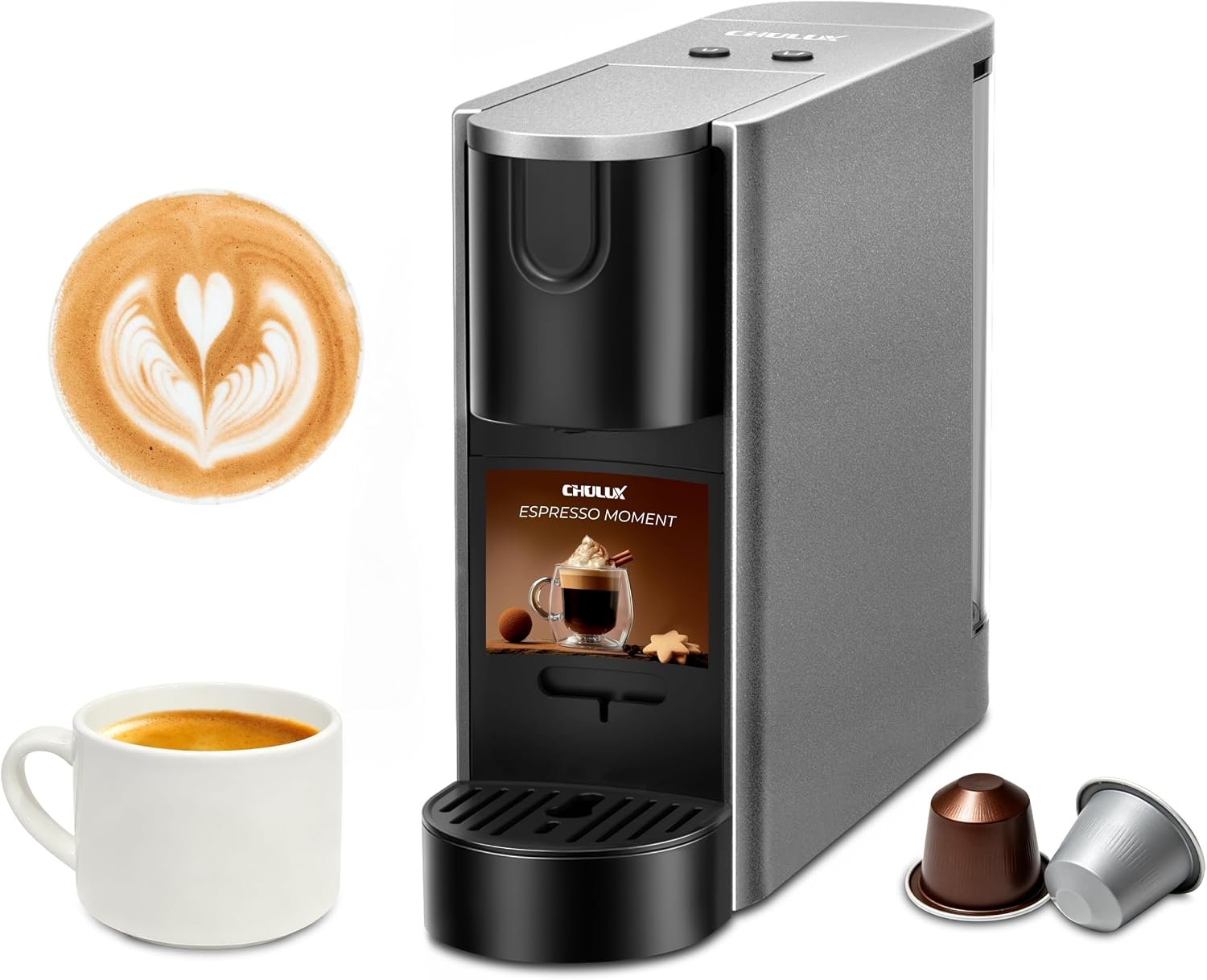 CHULUX RectoCafé Espresso Coffee Machine for Nespresso Original Pod, Gray | Extra Mini Design, 20 Bar Professional Italian Pump, Food-Grade Materials, Quiet with Low-Vibration Brewing for Home & Office