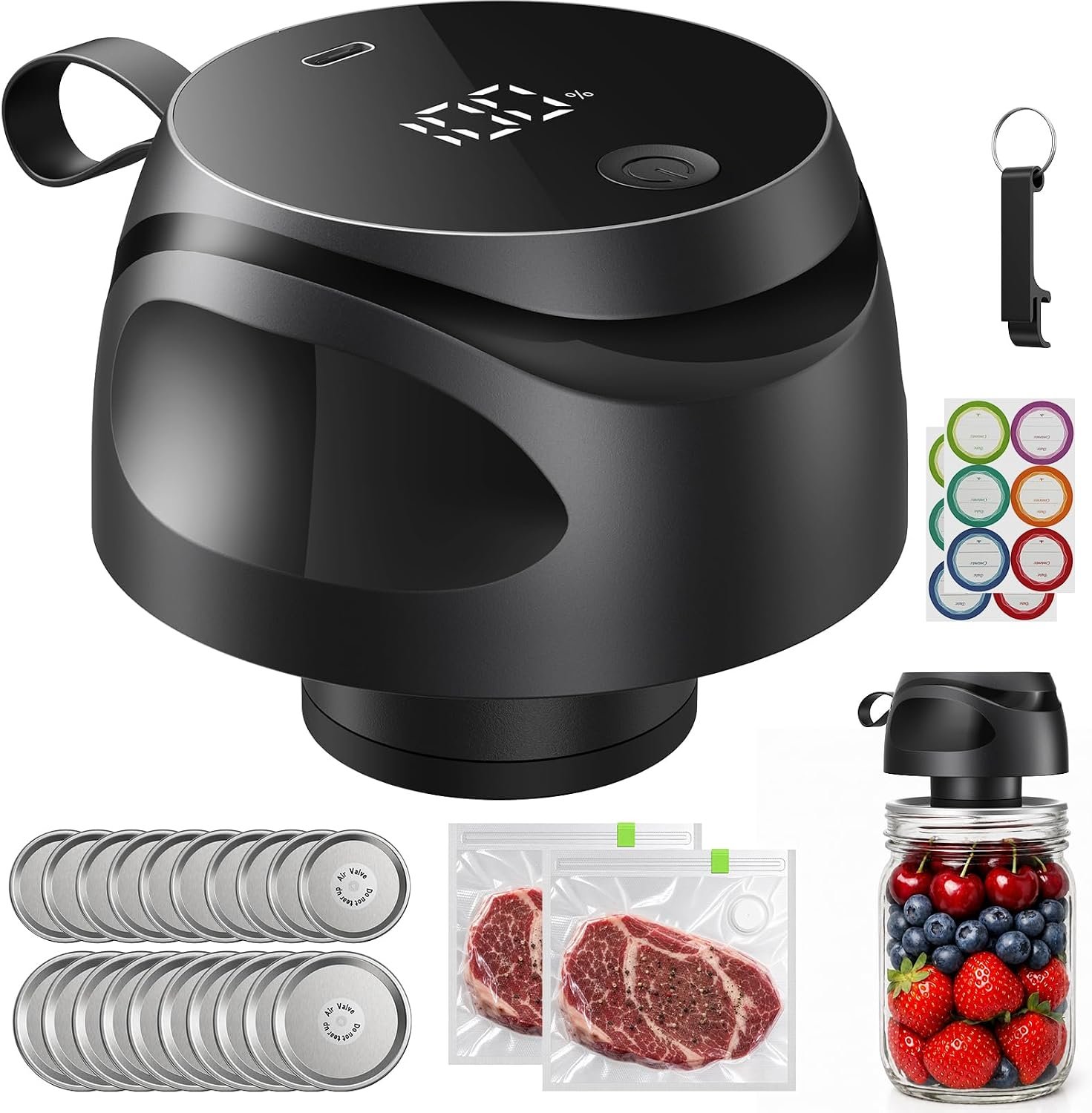 Electric Mason Jar Vacuum Sealer Kit, Portable Jar Vacuum Sealer with 10 Wide Mouth & 10 Regular Mouth Mason Lids, 2 Food Bags, One-Touch Auto Stop, Food Storage Vacuum Sealer for Home & Kitchen-Black