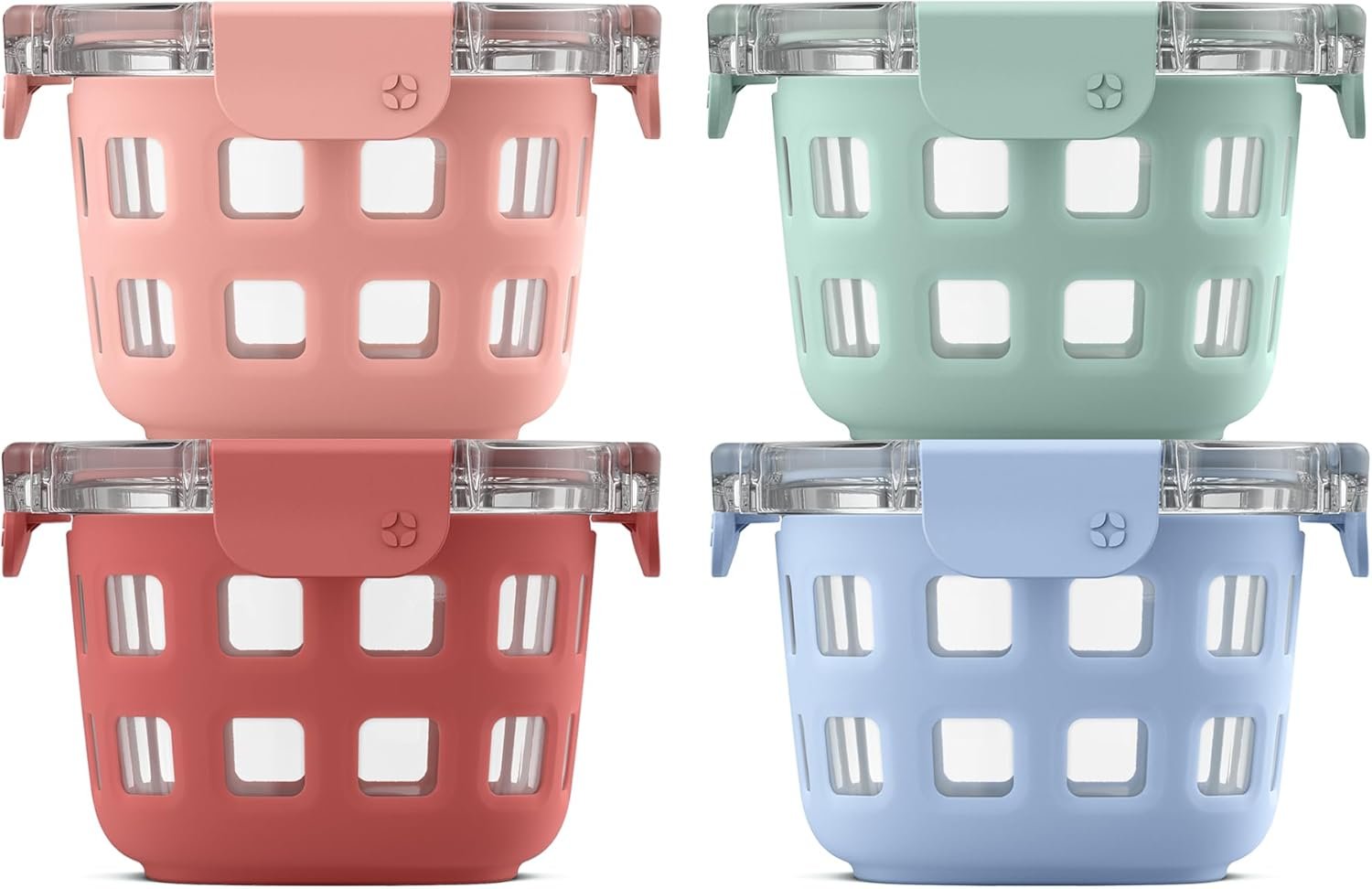 Ello Duraglass 2 Cup Glass Storage Containers with Lids, 4 Pack, Melon | Glass meal prep set with silicone sleeves, leakproof BPA-free lids, microwave and oven safe, freezer and dishwasher safe