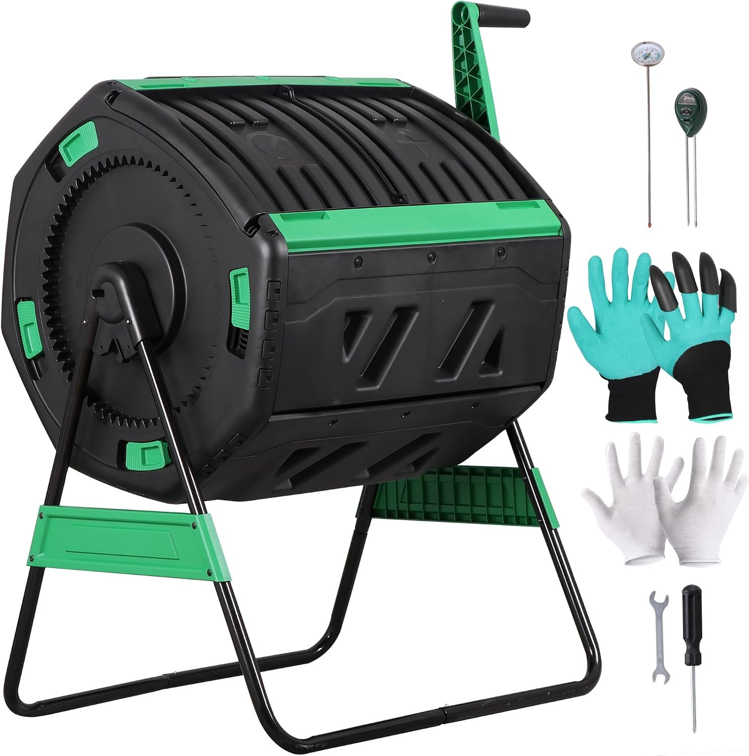 JupiterForc Outdoor Compost Bin 53 Gallon, Dual Chamber Compost Tumbler with Soil Tester, Thermometer & Gloves, Large Garden Composter for Backyard, Garden, Yard Waste and Kitchen Scraps