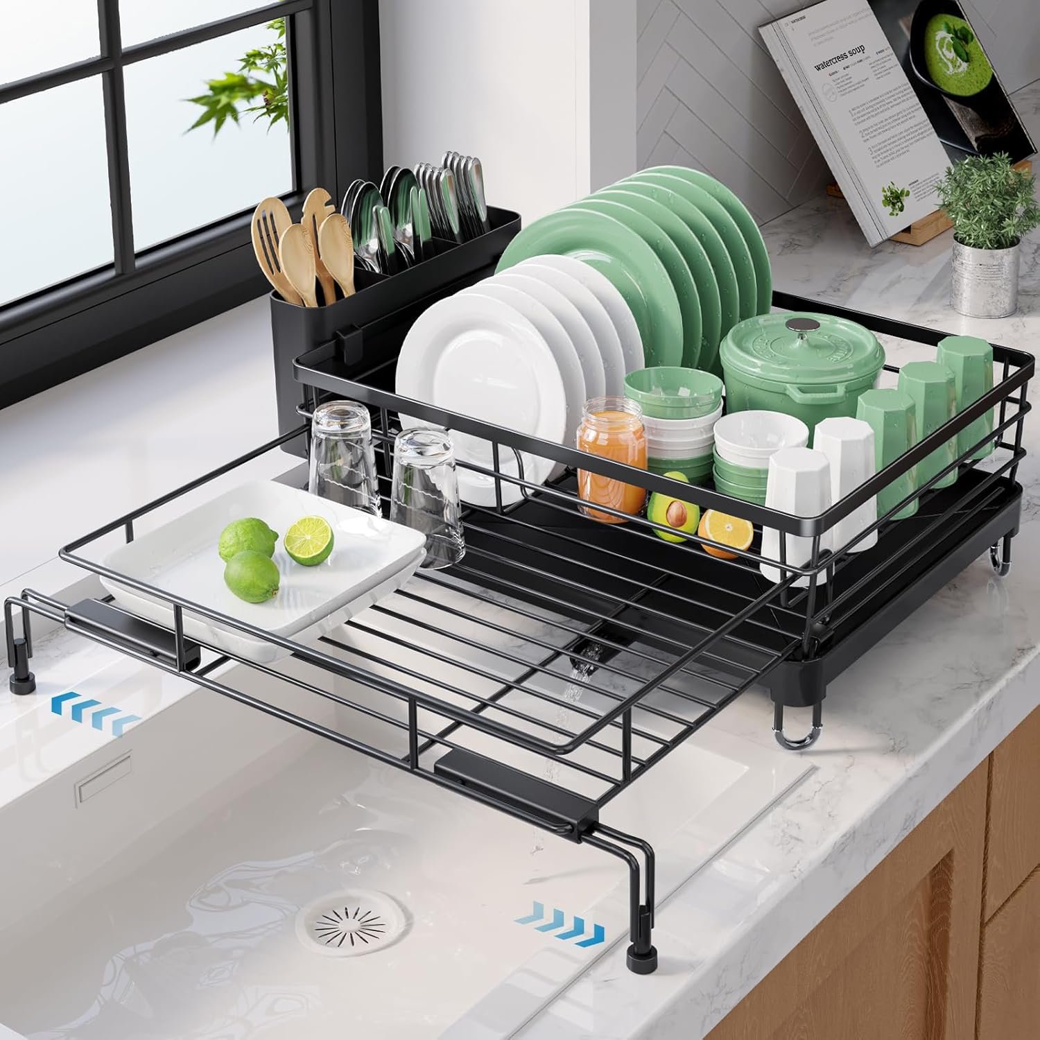 Kitsure Adjustable Dish Drying Rack, 15.6”-25.2”L × 16.9”W, Black | Large Dish Drying Rack, Rust-Resistant Dish Racks for Kitchen Counter, With Adjustable Support Legs, Cutlery Holder