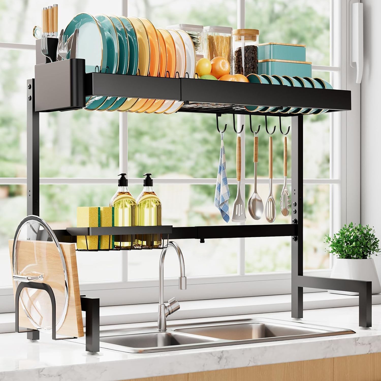 Sakugi 2-Tier Dish Drying Rack Over The Sink, Expandable for Counter | Rustproof Stainless Steel Kitchen Storage Accessories, Space-Saving 30″–34.5″Lx12″Wx25″H, Black