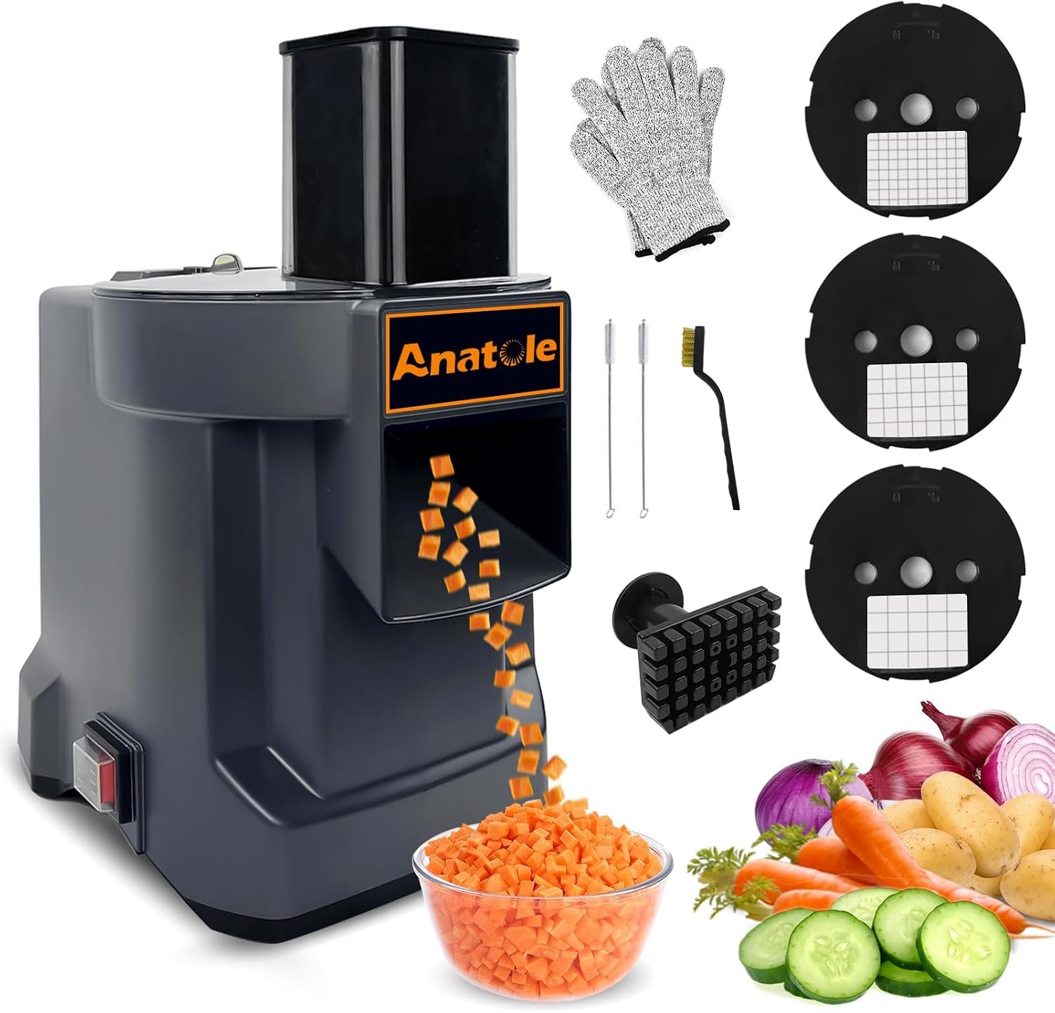 Anatole Electric Vegetable Dicer Chopper Commercial Food Processor 3 Blades | Heavy Duty Food Cuber, Stainless Steel Blades, with Clean Tools, for Fruit Potato Onion Carrot, for Home Restaurant 100W 110V