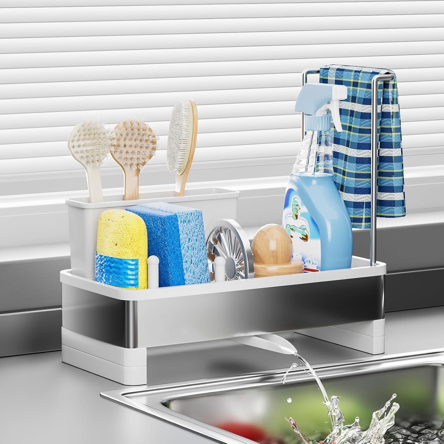 Ewaiira Stainless Steel Sink Caddy, Sponge Holder for Kitchen Sink 9.8″ | with Brush Holder & Dishcloth Rack, Rustproof Organizer Countertop, Soap Kitchen Organizers Storage Essentials, White