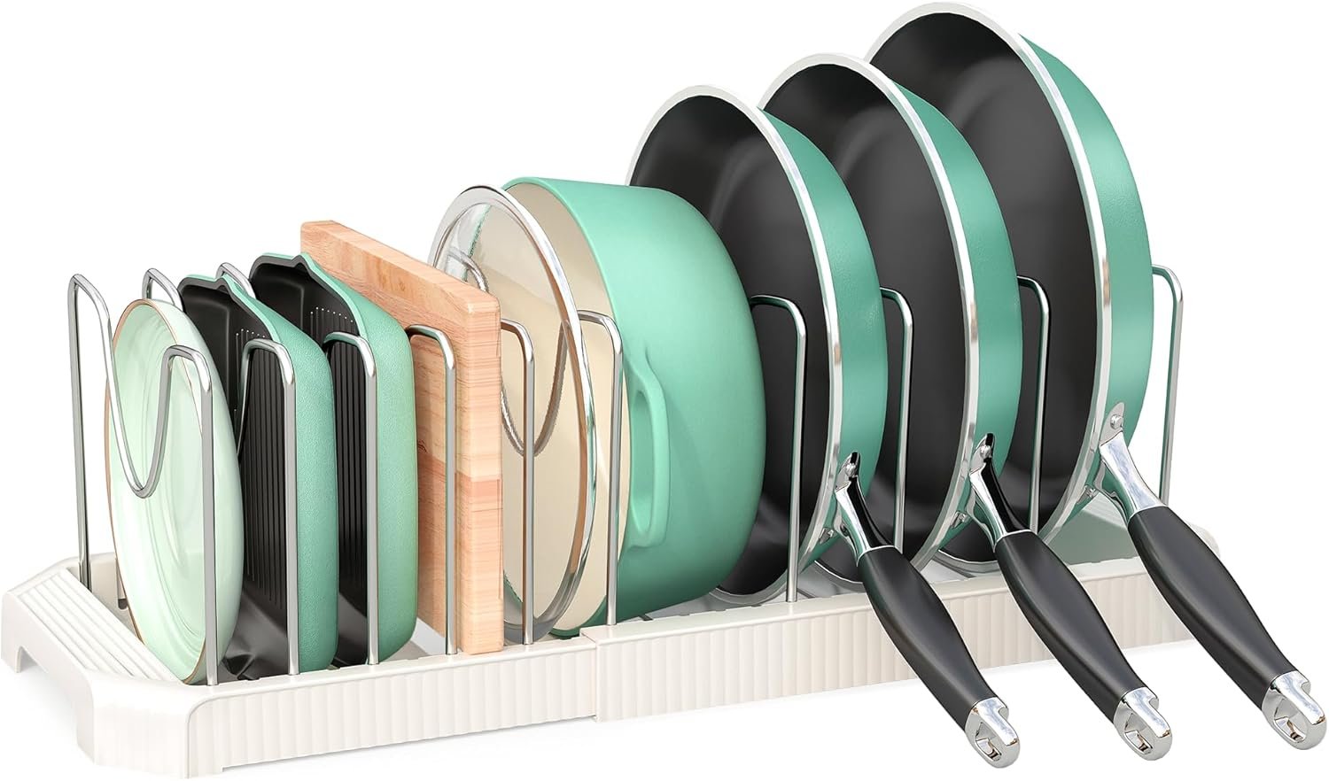 Expandable Pan Organizers Inside Cabinet with 10 Dividers White | Extends 12.9-21.9″, Holds cookie sheets, cutting boards, pot lids and pans, iron dividers, plastic base, under cabinet rack