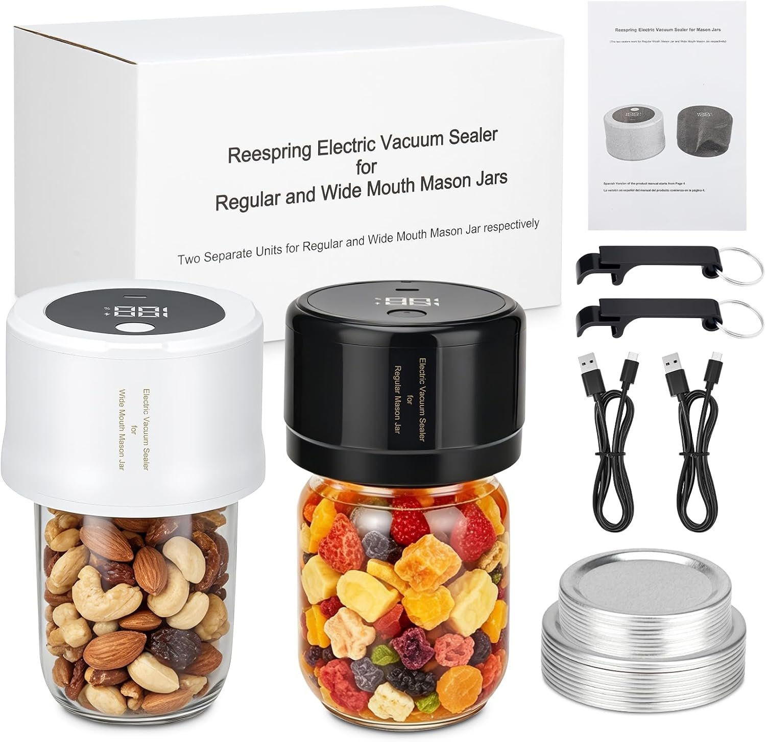 Reespring Mason Jar Vacuum Sealer Kit – 2 Separate Vacuum Sealers for Wide Mouth Mason Jar and Regular Mouth Mason Jars Respectively- Also comes with 20 Canning Lids for Mason Jars