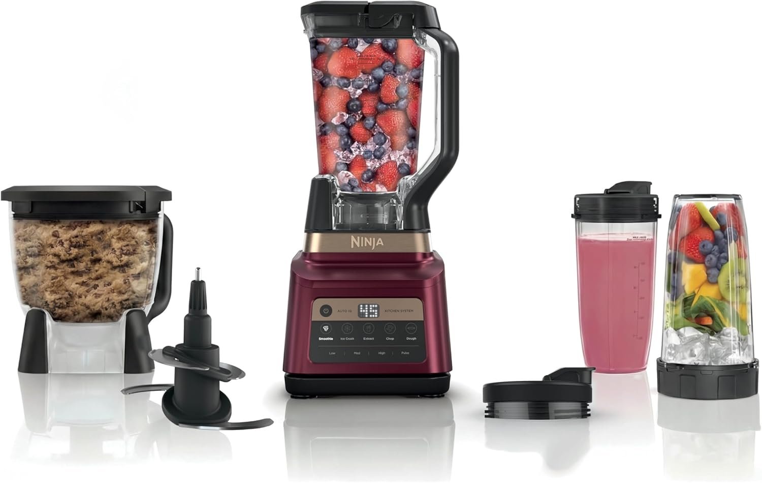 Ninja Professional Plus Kitchen System, 1400WP, Auto-iQ, Red, BN801RD1BRN | 5 functions for smoothies, chopping & dough with Auto-iQ. 72-oz blender pitcher, 64-oz processor, (2) 24-oz cups.
