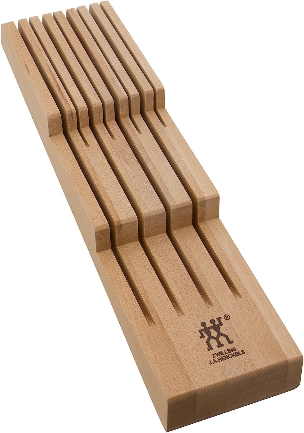 Zwilling 8-Slot In Drawer Knife Block, Beechwood | Holds up to 8 knives. 4 blades up to 5″ and 4 blades up to 10″. Size: 4 ¼” W x 16″ L x 1 7/8″ H