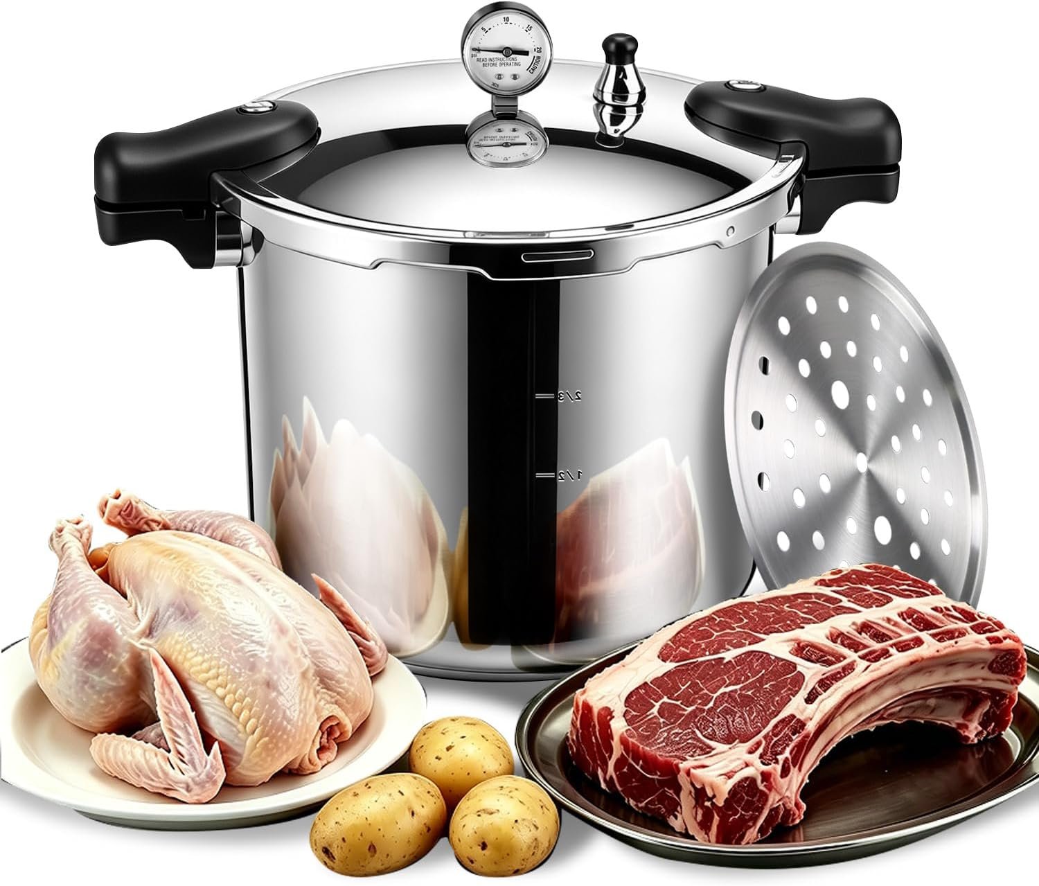 23+24+ Quart Aluminum Pressure Canner with Pressure Gauge, 15 PSI Large Capacity Pressure Cooker, Heavy Duty Commercial Cooking Pot with Steam Rack & Sealing Ring for Home Canning Batch Cooking
