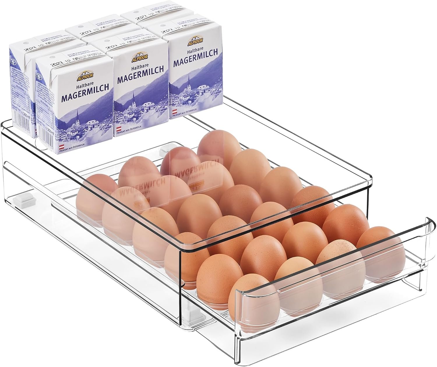 24 Egg Drawer for Fridge, Pull Out Egg Storage Container with Non-Slip Pads Refrigerator Organizer Bins Clear Egg Holder, Egg Tray-Bpa Free Egg Organizer