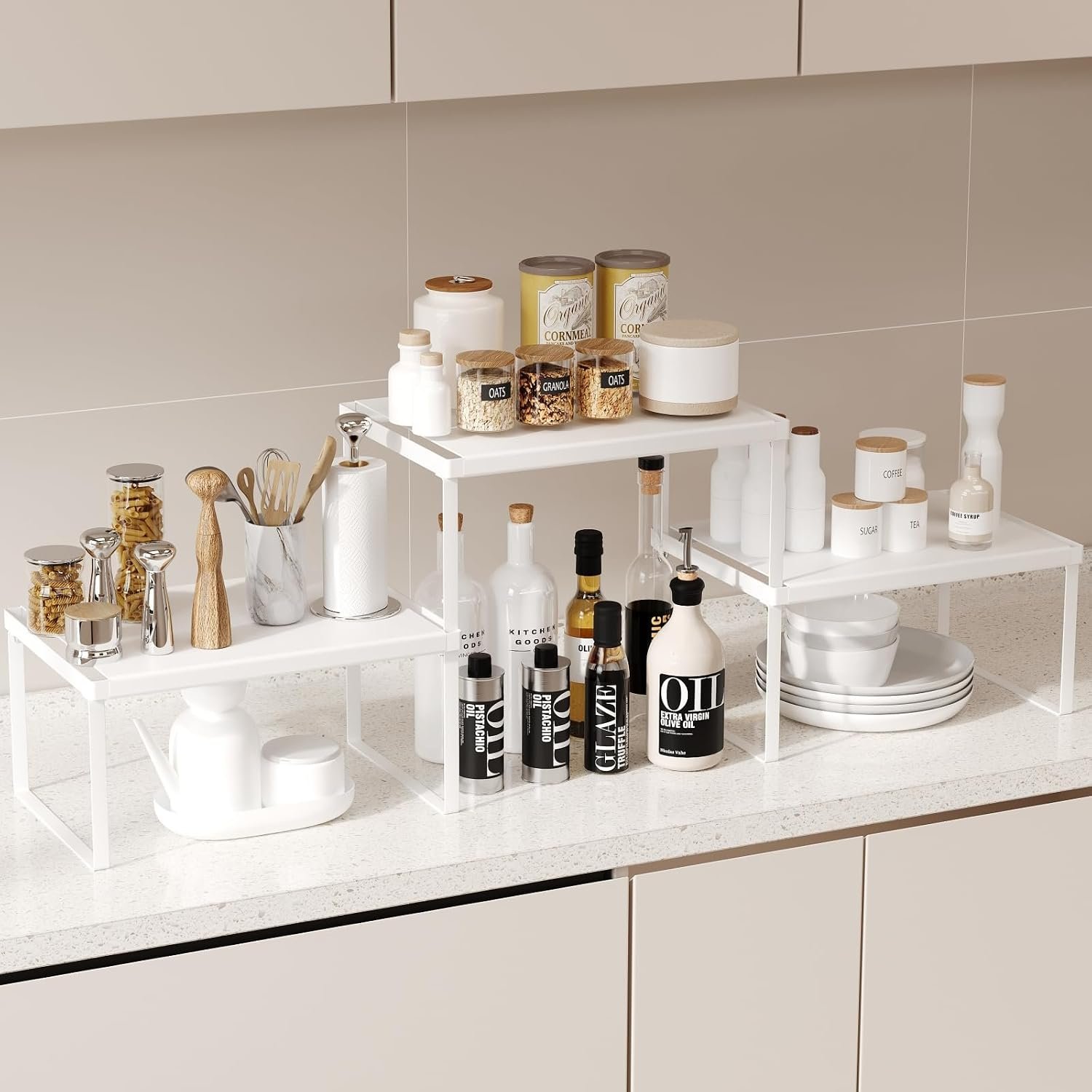 Magheo Cabinet Organizer Shelf Riser, Stackable Spice Rack for Countertop/Cabinet, Pantry Organizers and Storage, Heavy Duty Kitchen Counter Shelves for Seasonings,Bowls,Coffee Makers (3 Pack, White)