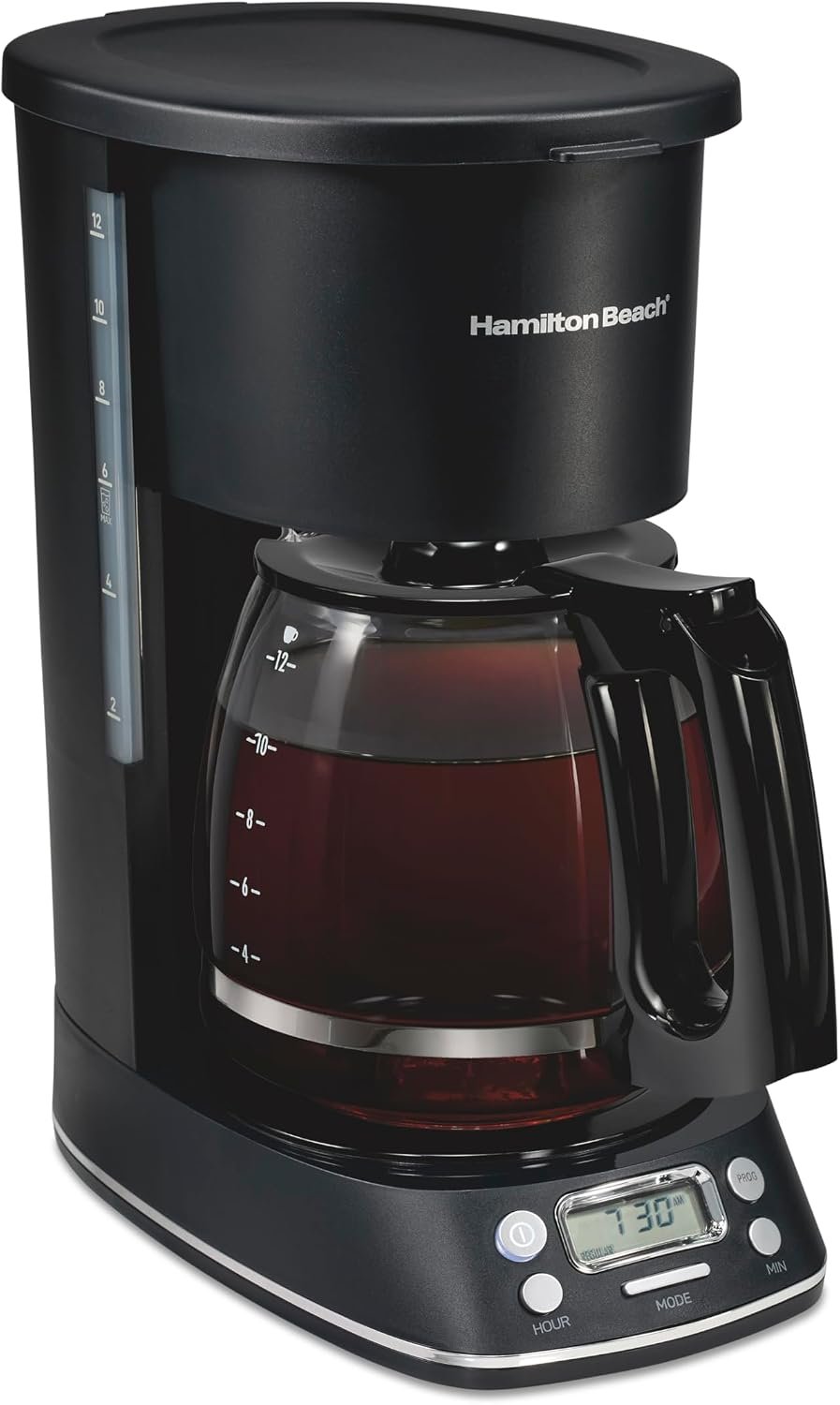 Hamilton Beach 12 Cup Programmable Drip Hot & Iced Coffee Maker | Borosilicate Glass Carafe | 4-Hour Auto Shutoff | Auto-Pause & Pour | Slim Space-Saving Design | Black With Chrome Accents