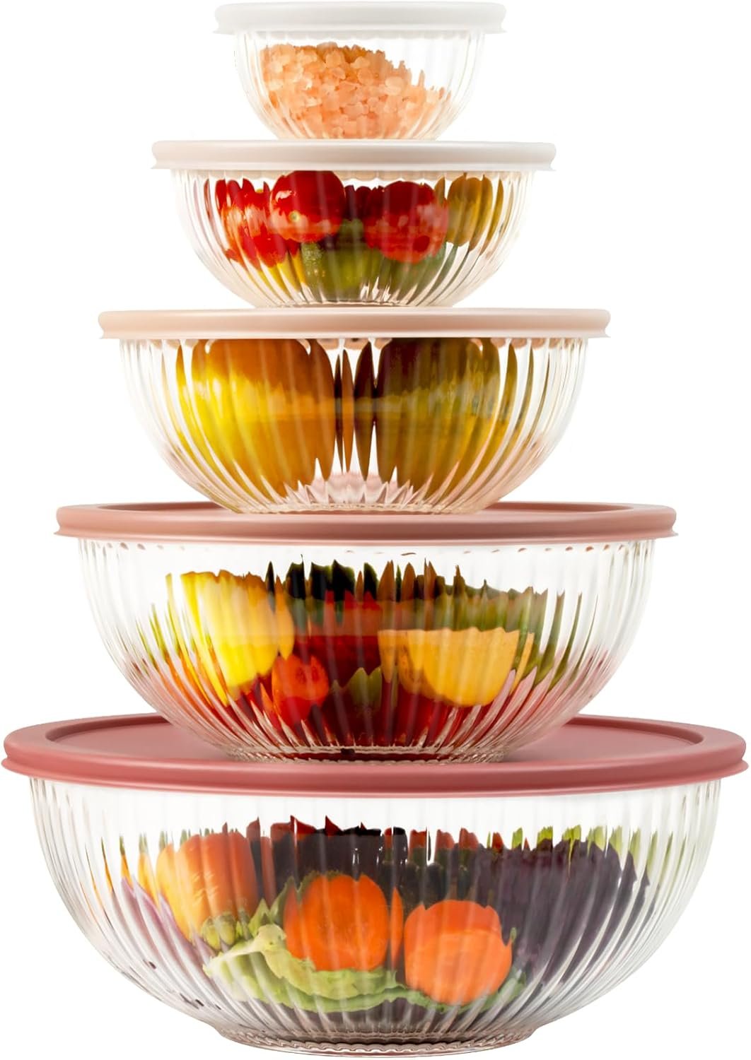 Glass Mixing Bowls with Lids Sets, 5 PCS Glass Bowls for Kitchen service | For Baking, Meal Prepping and Salad, Bpa Free, Microwave, Dishwasher and Oven Safe Serving Bowls, 0.2/0.5/1.1/2.1/3.7Qt