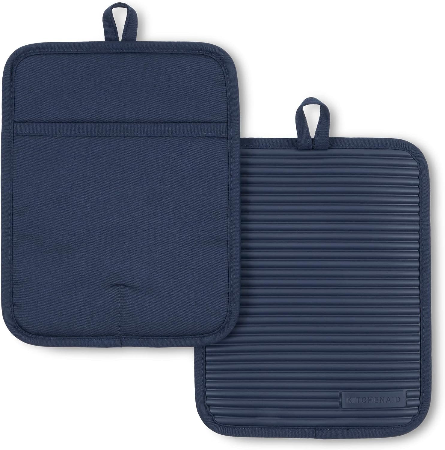 KitchenAid Ribbed Soft Silicone Pot Holder 2-Pack Set, Ink Blue, 7″x9″