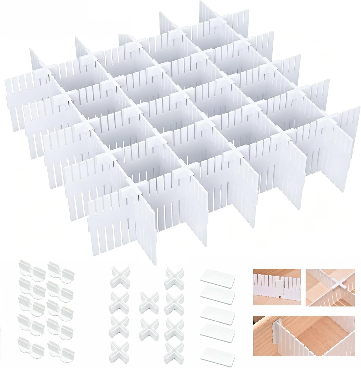 20 PCS with 25 Accessories, Adjustable Plastic Drawer Organizer Inserts, 12.6″ x 2.76″ x 0.08″ White Interlocking Grid Separators for Dresser, Kitchen, Bathroom, Office & Craft Room Storage