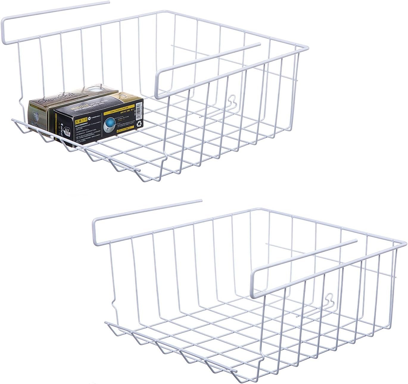 Lonians 2-Pack Under Shelf Hanging Storage Baskets – Metal Wire Rack Organizer for Kitchen, Pantry, Cabinet, Bathroom, Desk – Space Saving Shelf Extender (White, Large)