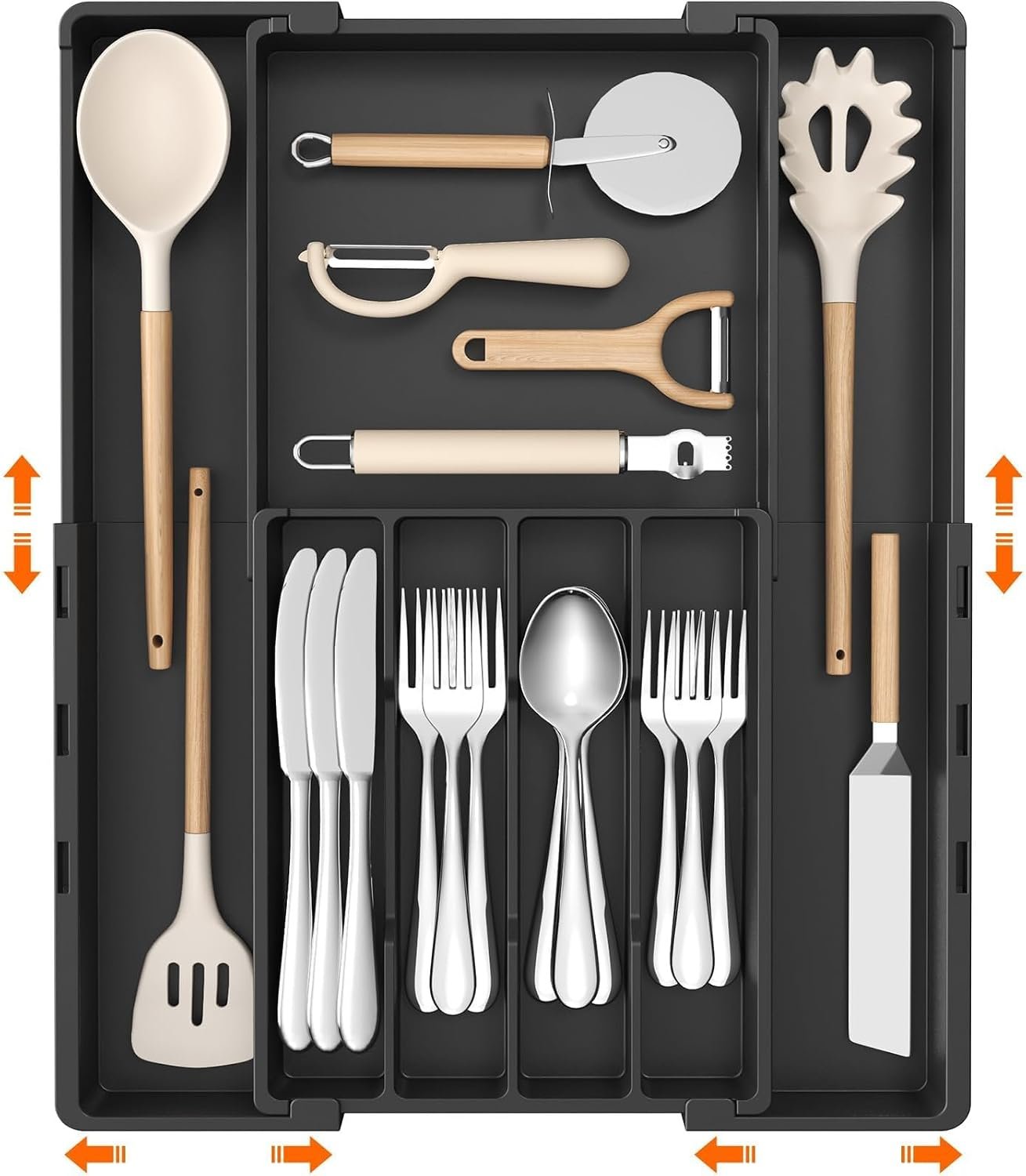 Lifewit Expandable Silverware Drawer Organizer, Utensil Tray for Kitchen | BPA Free Flatware and Cutlery Holder, Adjustable Plastic Storage for Spoons Forks Knives, 8.9-14.3 x 11.3-19.4 x 1.7″, Black