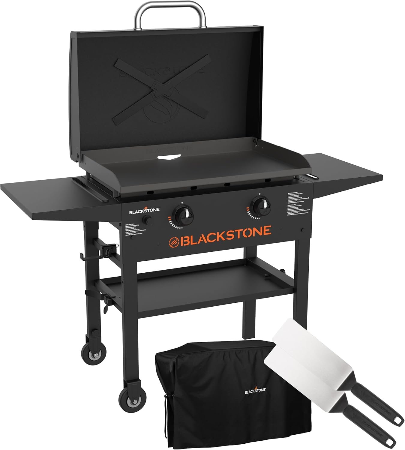 Blackstone 2450AZ 28″ Omnivore Griddle with Hood Bundle | Includes 28″ Griddle with Hood, Soft Cover, and Two Spatulas, 2 Burner Propane Griddle