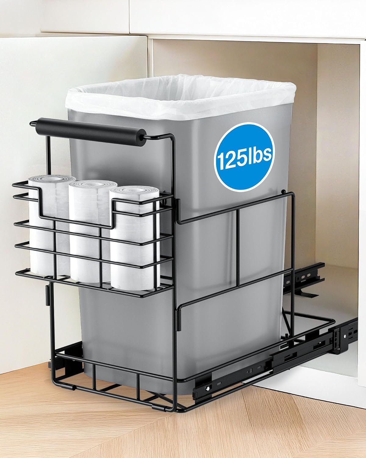 Bulado Pull Out Trash Can Under Cabinet with Removable Trash Bag Holder | Space-Saving Under Sink Trash Can, Fits 30–40 Qt Bins, Supports 125 lbs, Easy Install, Soft-Close Slide, Bin Not Included