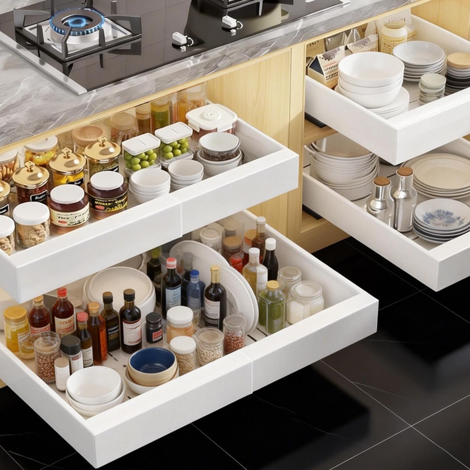 21″ Deep Pull Out Cabinet Organizer, 12-22 Inch Expandable Drawer, 4 Pack | Basket adjusts 12″-22″ wide; designed for cabinet interiors over 13″ wide and 21″ deep. 3 rails pull out up to 12″.