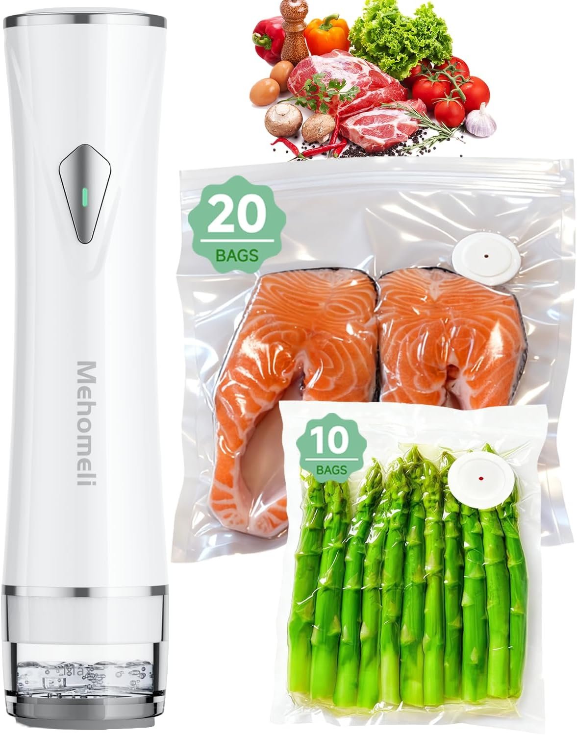 Compact Handheld Vacuum Sealer for Food with 30 Reusable Bags | Powerful 60 kPa suction, Keeps food fresh up to 6X longer, Cordless handheld design, Ideal for meal prep and food storage