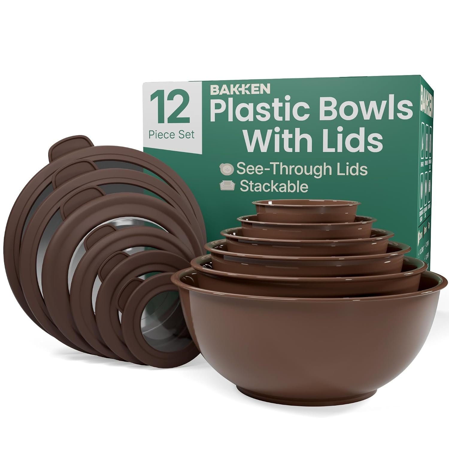 Bakken Master 12 Piece Plastic Nesting Bowls with Lids – Mixing Bowls Set includes 6 Prep Bowls and 6 Lids, BPA-Free, Reusable Meal Prep Containers, Microwave, Freezer & Dishwasher Safe, Brown