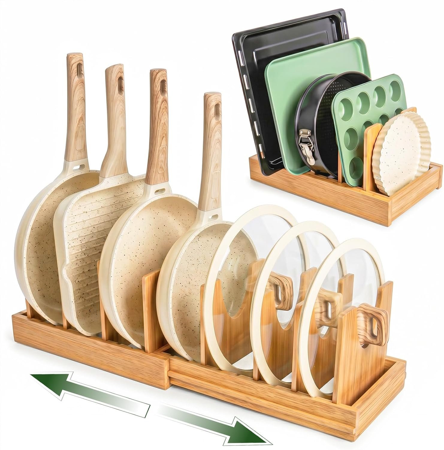 Bamboo Pots and Pans Organizer under Cabinet, Expandable Bakeware and Cutting Board Organizers, Adjustable Pot Lids Holder Rack, Sheet, Pan, Tray Organizer for Kitchen Storage Organization