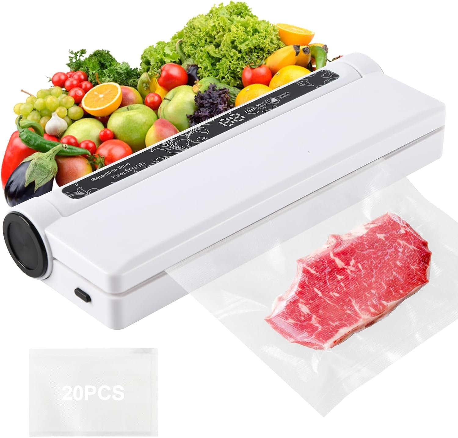 Vacuum Sealer Machine, 75KPA Strong Suction for Home Kitchen Use | Dry/Moist Modes Digital Timer, LED Digital Timer Display Includes 20 Bags