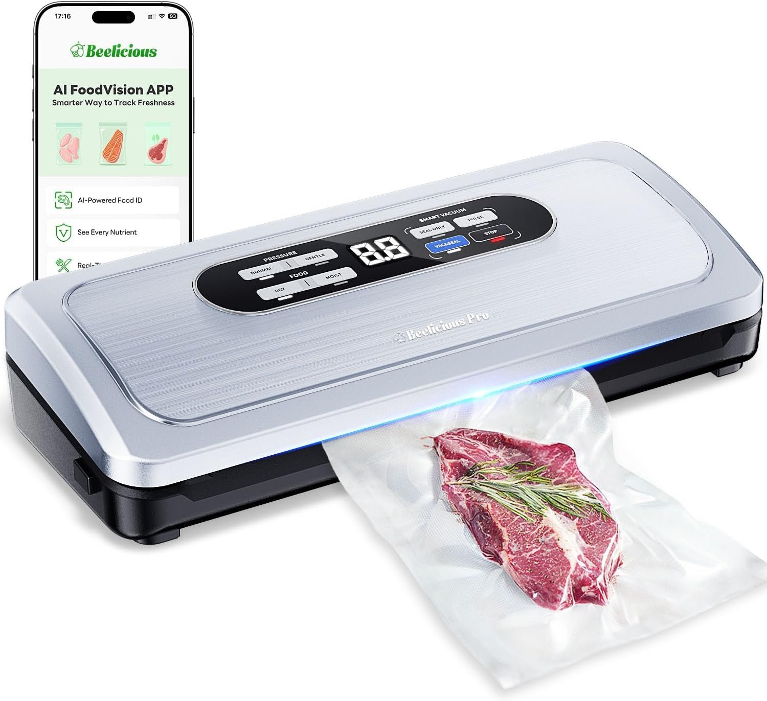 Vacuum Sealer Machine with AirLock ProSeal System, 10-in-1 Vacuum Sealer for Food, Moist/Dry Sealing Modes, Compact Design with Digital Timer, Built-in Cutter & Roll Storage, Silver-Blue