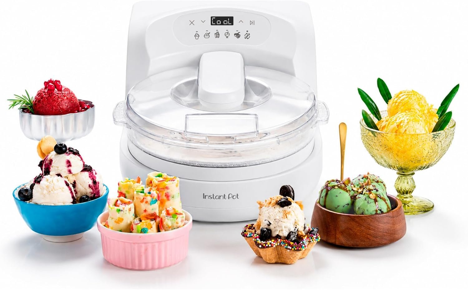 Instant Pot InstantChill Ice Cream Maker with Built‑In Compressor, No Pre‑Freezing, Real Ice Cream in Minutes*, Gelato, Sorbet, Rolled, Non‑Dairy, Mix‑Ins, Easy Clean Up, Quiet, Makes Up to 2 Pints