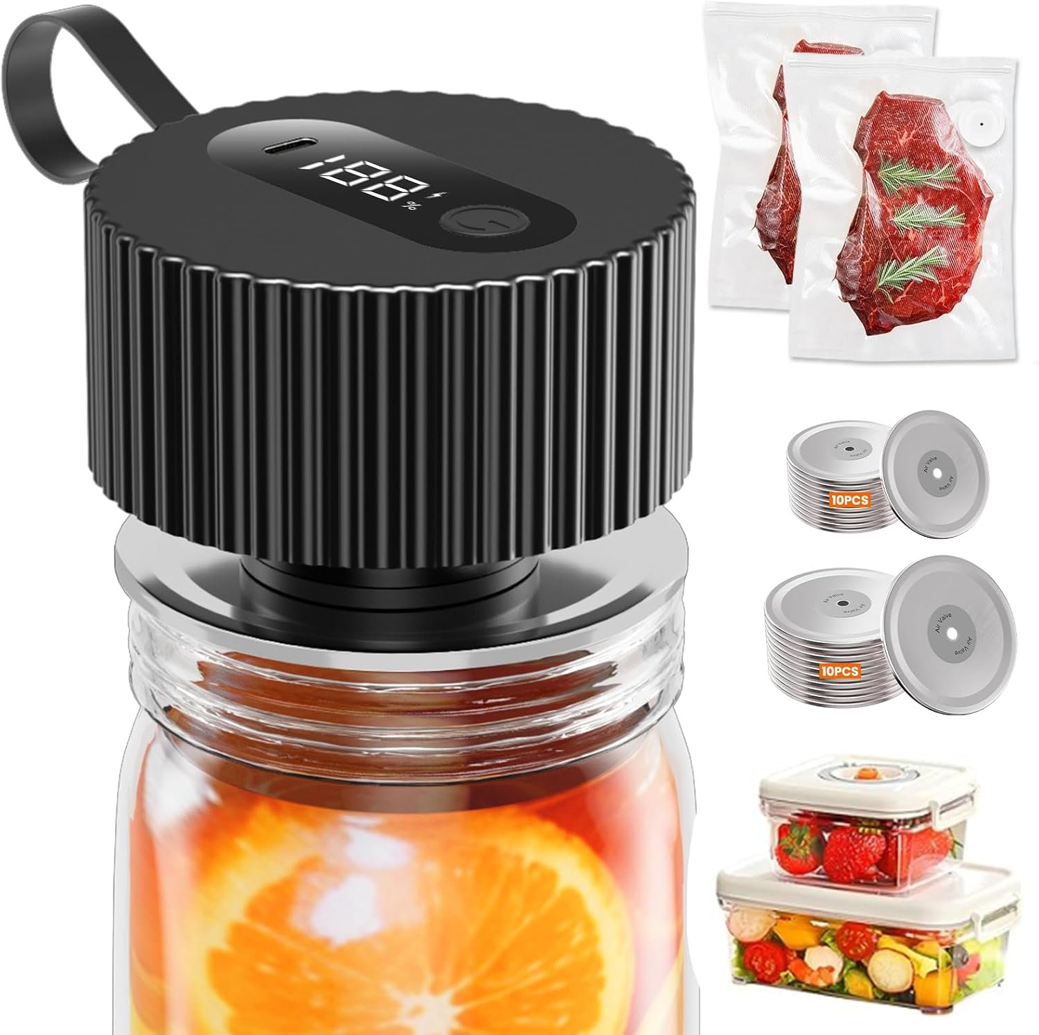 Electric Mason Jar Vacuum Sealer, Upgraded Handheld Vacuum Sealer Kit for Food Storage, Cordless Jar Sealer for Wide & Regular Mouth Jars, Bags, Containers