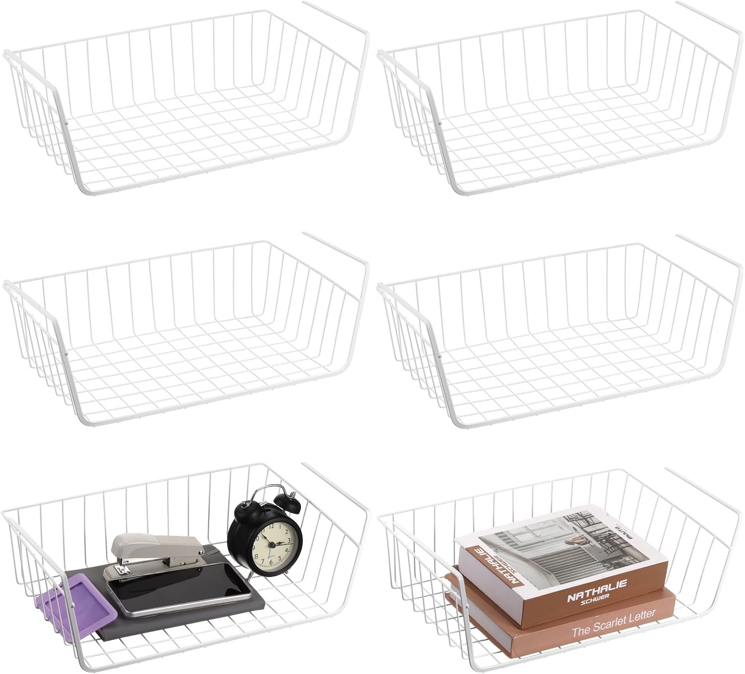 6 Pack Under Shelf Basket, Slide in Wire Hanging Storage Baskets, Slides Under Wire Shelves, Undershelf Hanging Storage Bin Basket for Kitchen, Pantry, Counter, Desk Bookshelf (White)